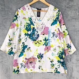 Womens Top Large Linen Boho Artsy Floral Abstract Crochet Lace Coastal Tunic NWT